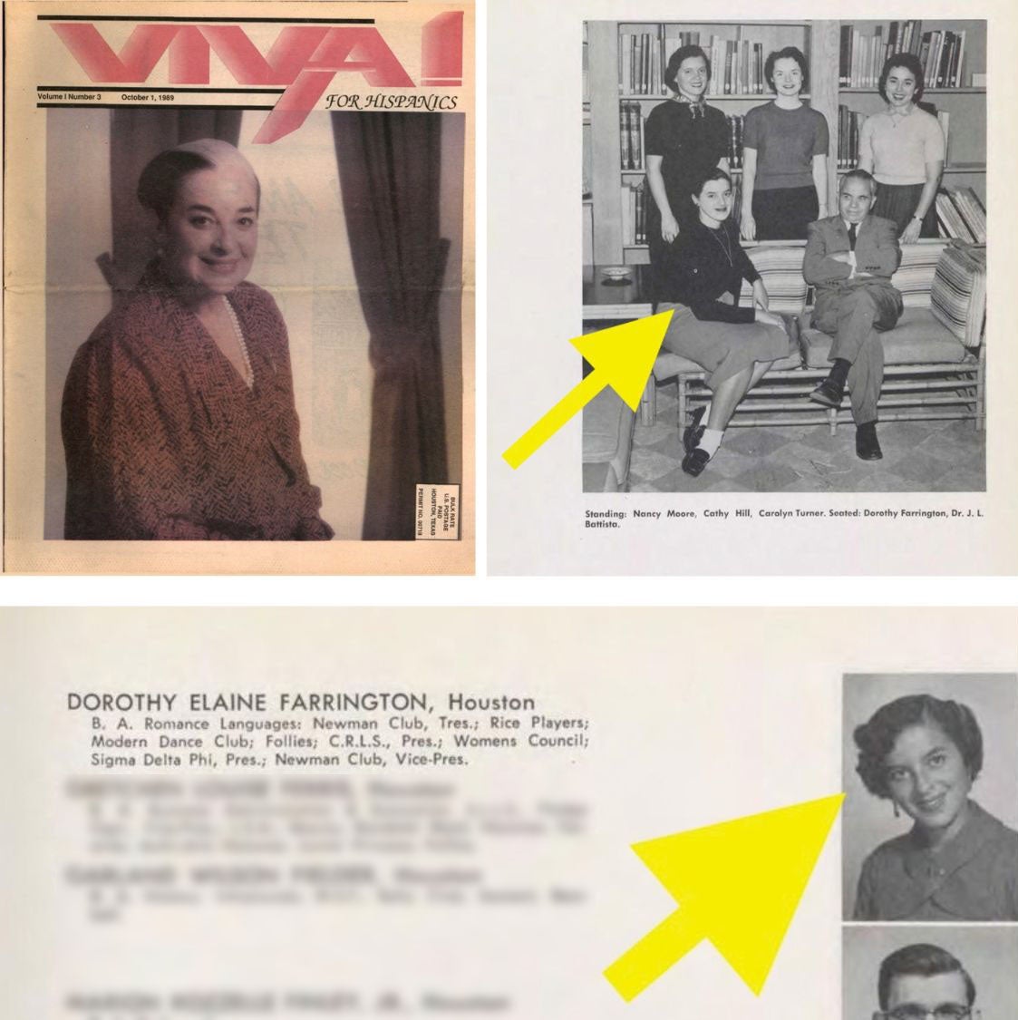 Photos of Dorothy Caram Farrington including a Viva magazine cover and yearbook photo