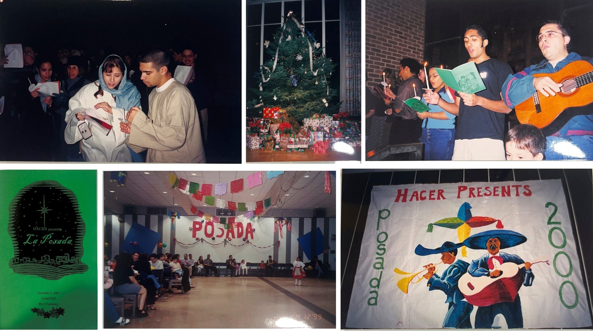 Collage of photos from Las Posadas Spotlight, an early HACER tradition of celebrating Christmas and reenacting St. Joseph and the Virgin Mary’s pilgrimage from Nazareth to Bethlehem
