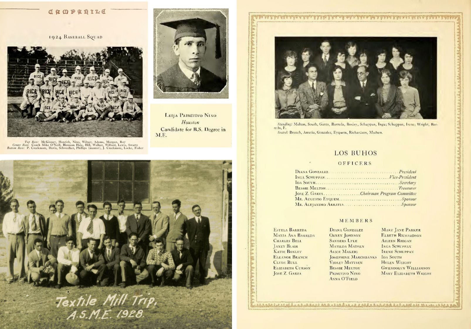 Collection of photos including the 1924 baseball squad, Textile Mill Trip A.S.M.E 1928, Los Buhos, and B.S. graduation photo