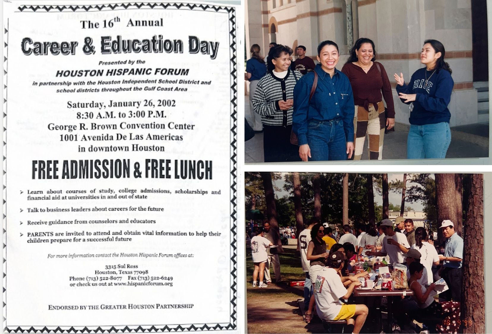 Collage of photos and flyer from HACER welcome receptions and recruitment efforts