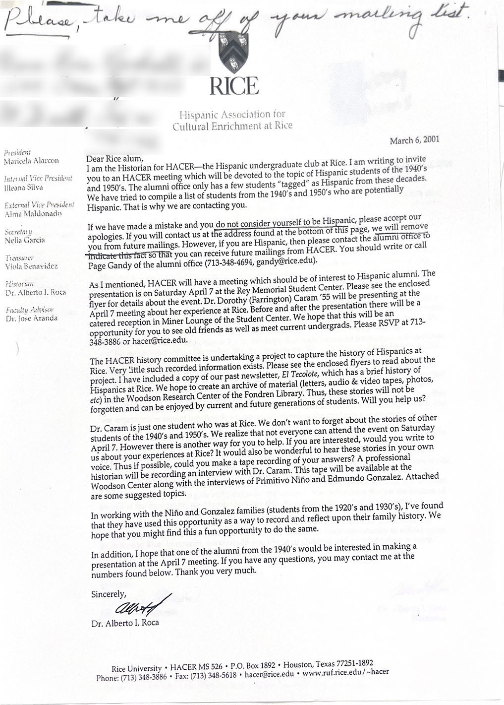 Letter from 2000 of HACER alumni search efforts