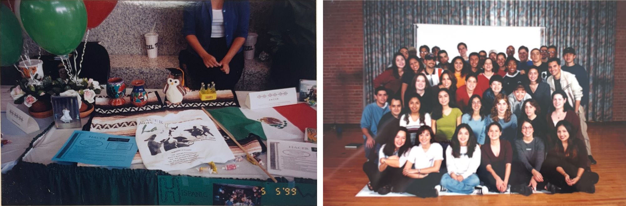 (Left) photo of a table with cultural props for Cinco de Mayo 1999 and (right) group photo of HACER